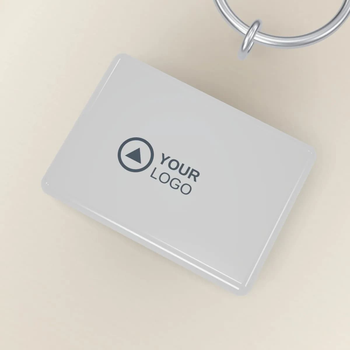 Close-up of the logo branding on the Acrylic Keychain with Full-Colour Print