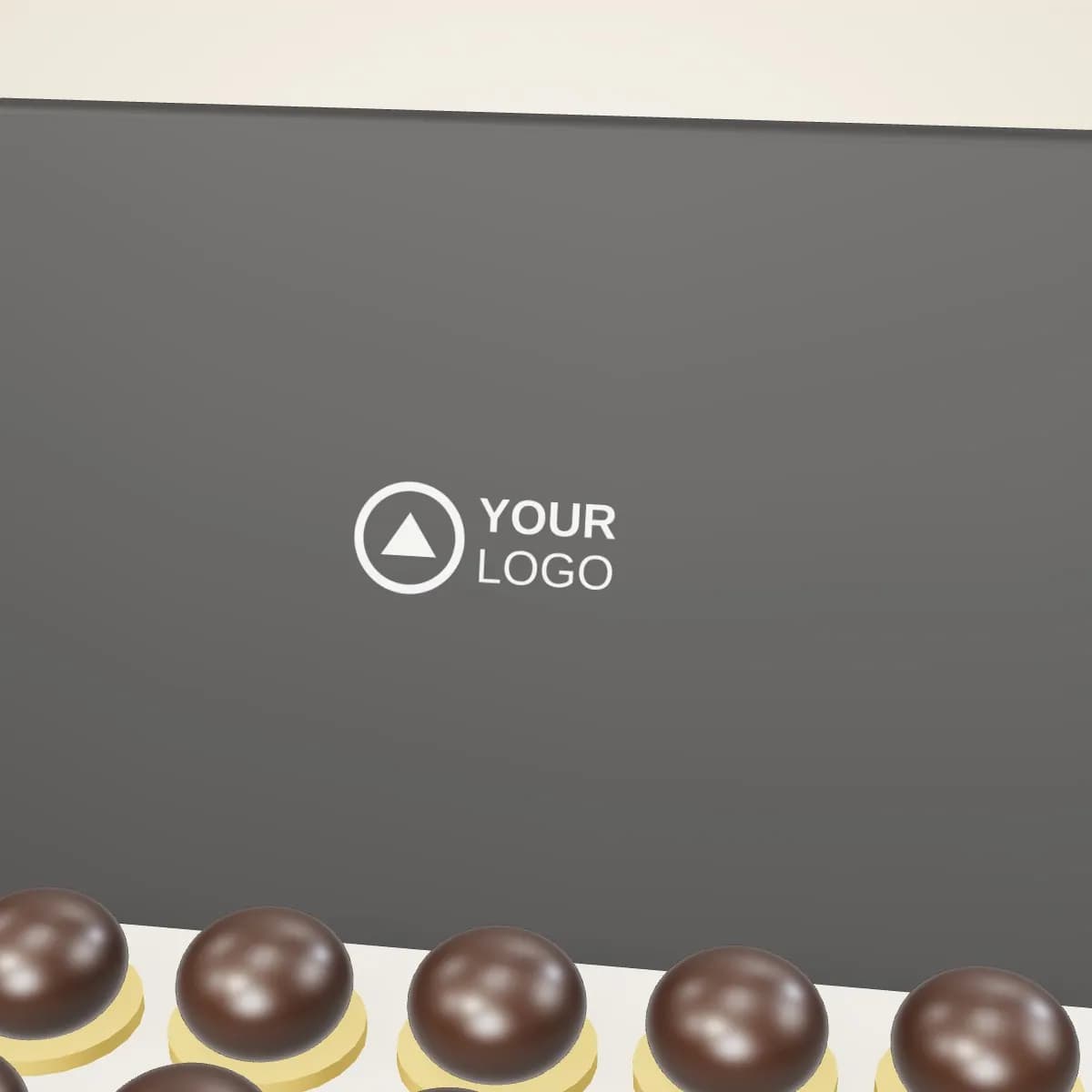 Close-up of the logo branding on the Chocolate Bar with Custom Logo Wrapper