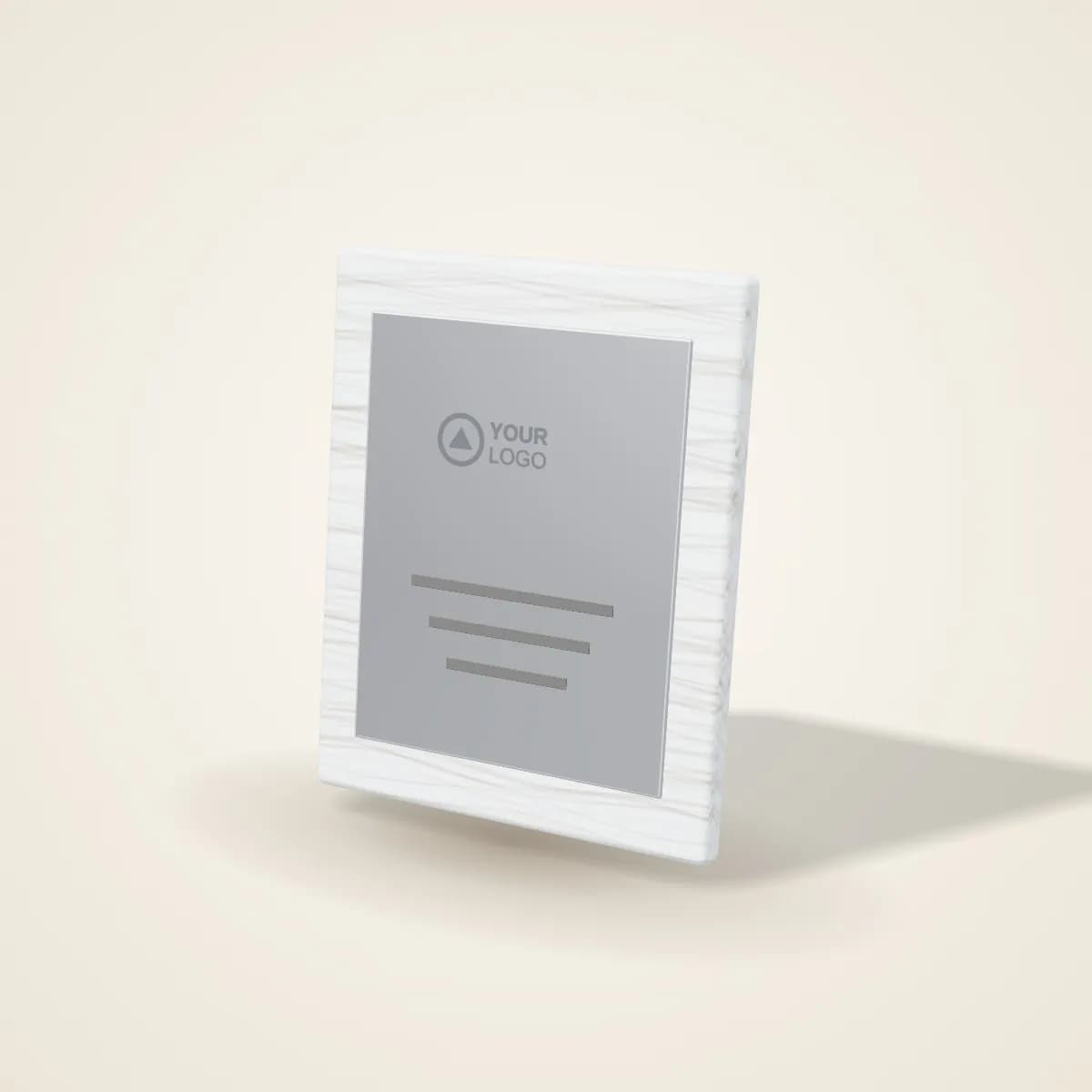 Clear Acrylic Desk Name Plate with a custom logo
