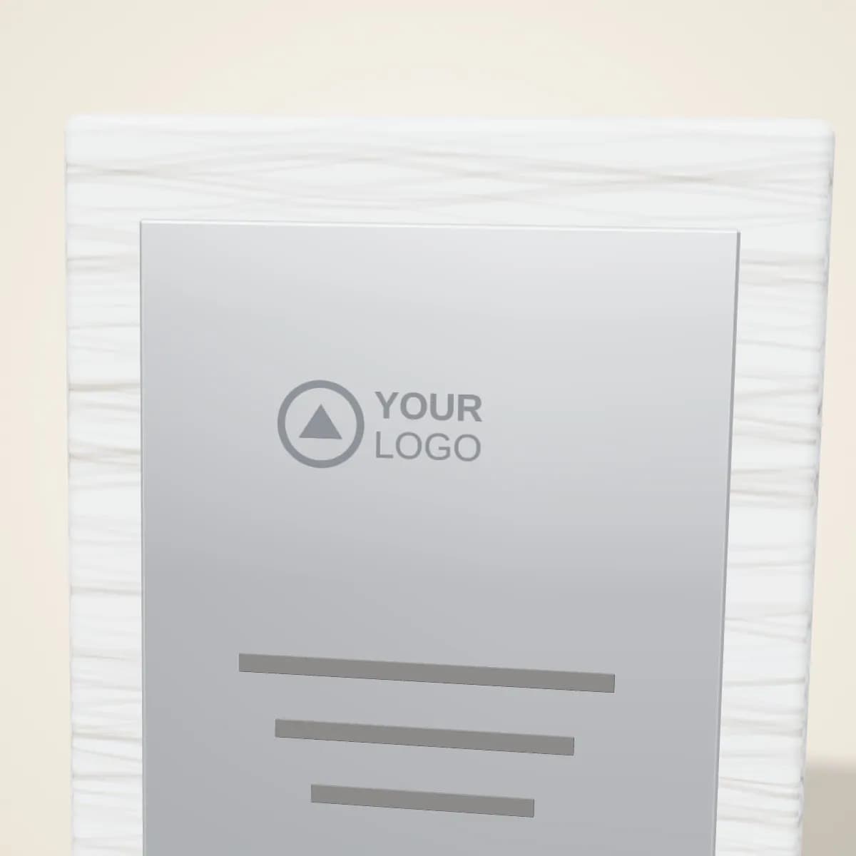 Close-up of the logo branding on the Clear Acrylic Desk Name Plate