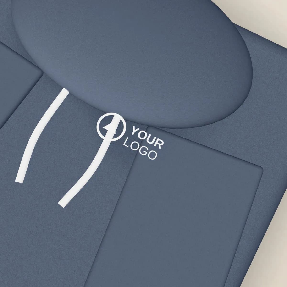 Close-up of the logo branding on the Cotton-Blend Pullover Hoodie 320 gsm