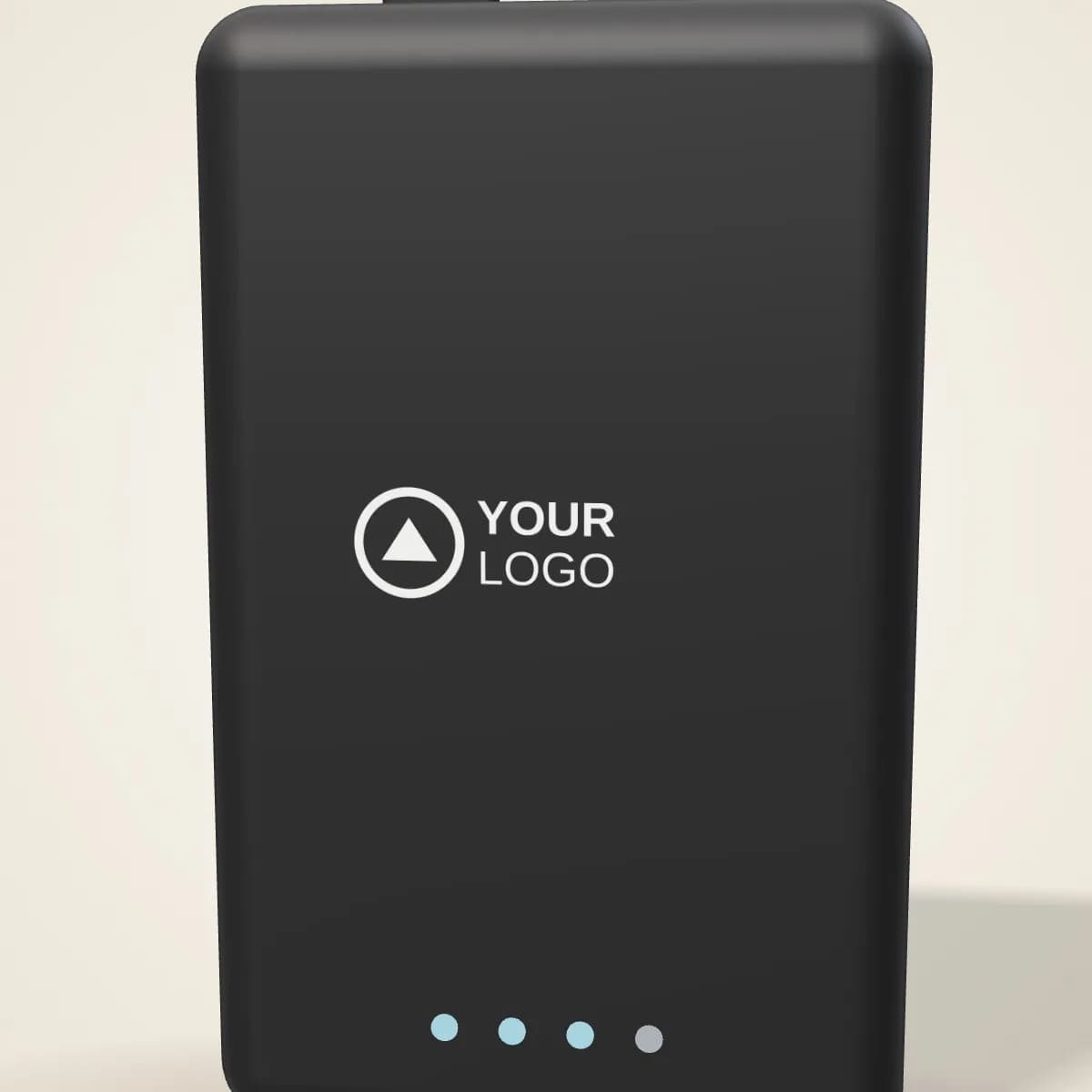 Close-up of the logo branding on the Credit Card Power Bank 4,000 mAh