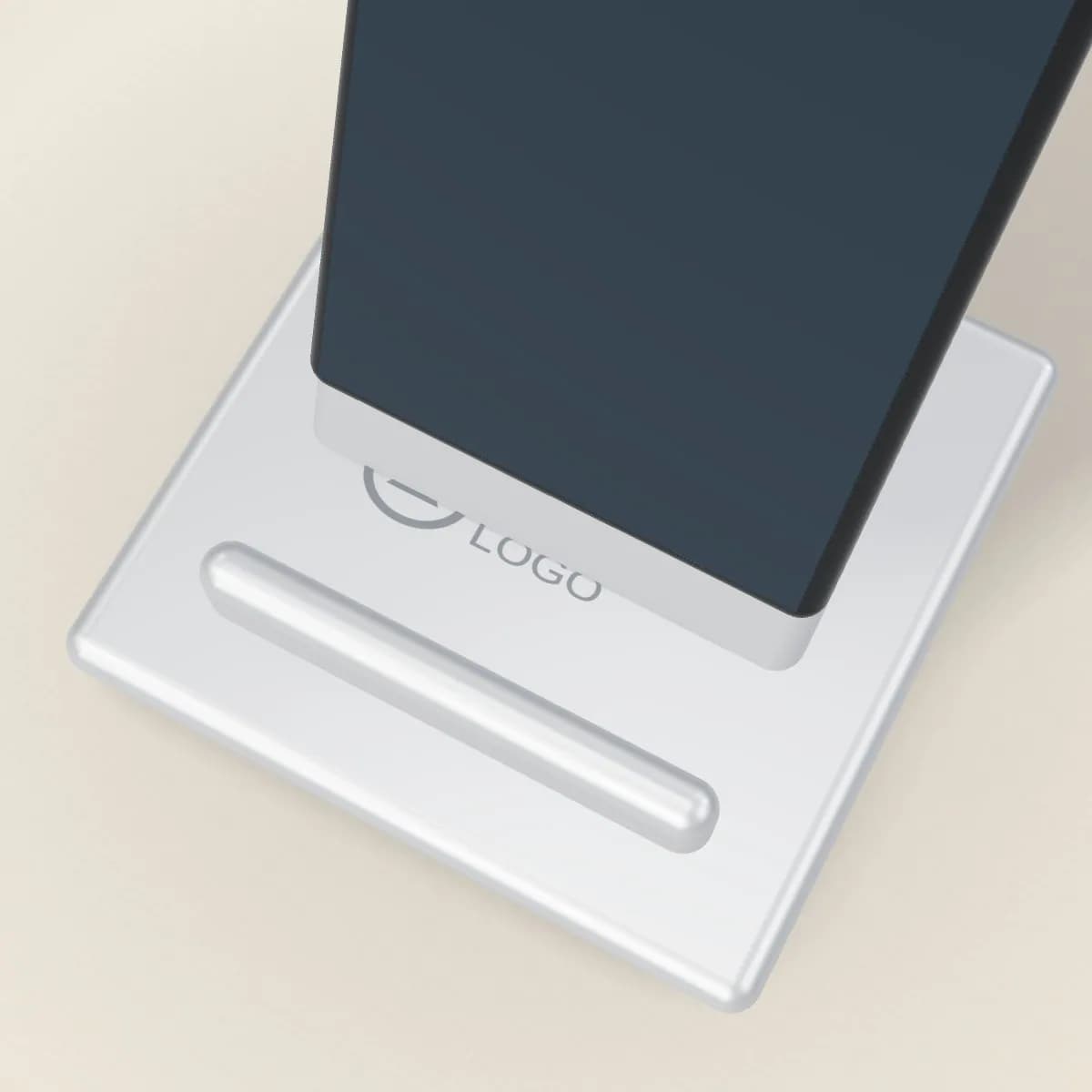 Close-up of the logo branding on the Foldable Aluminium Phone Stand