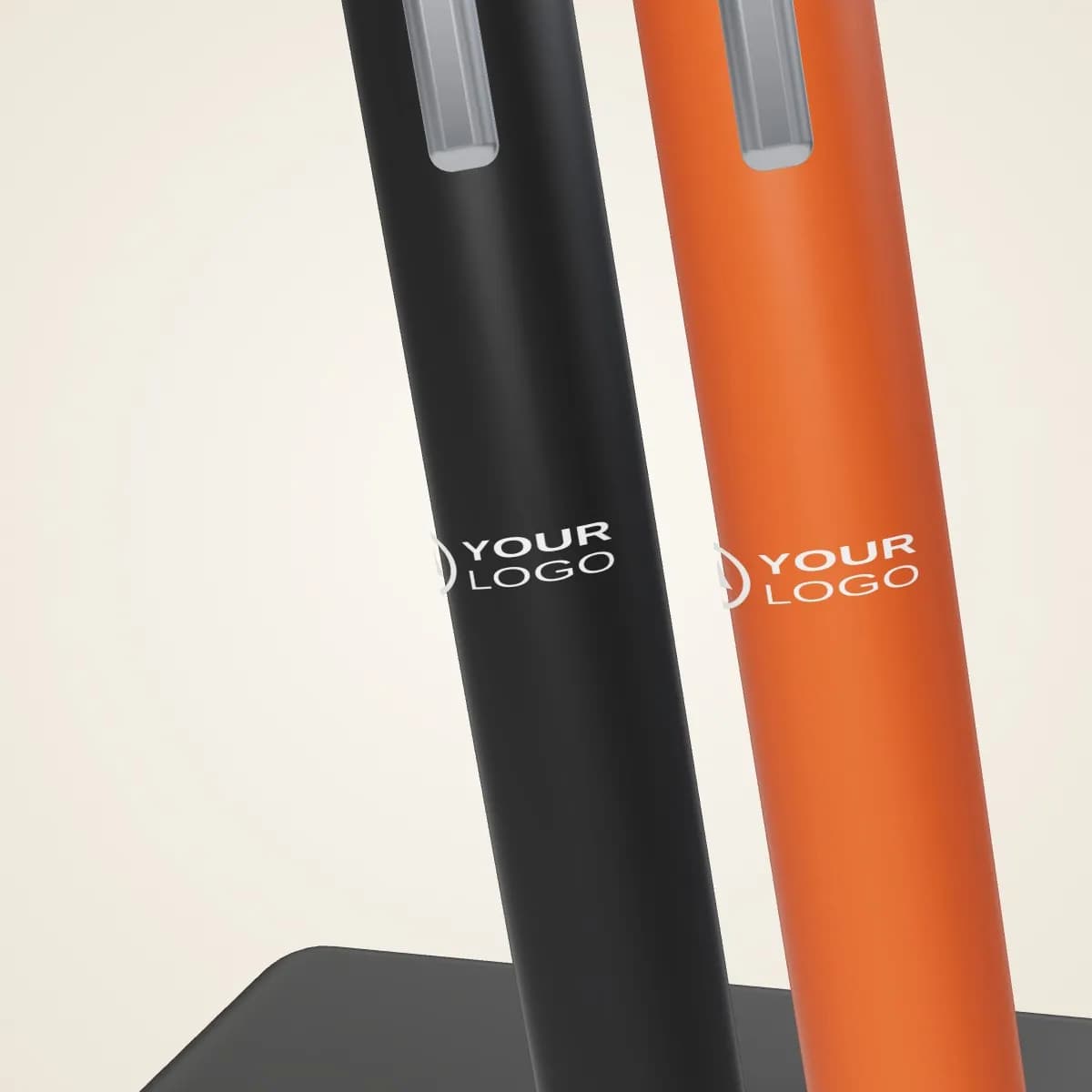 Close-up of the logo branding on the Metal Mesh Pen Holder Cup