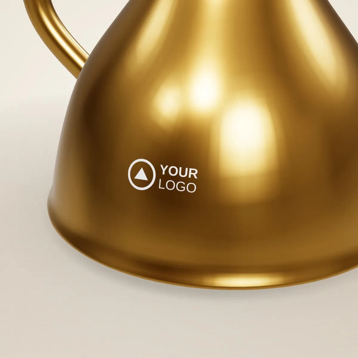 Close-up of the logo branding on the Miniature Brass Dallah on Wooden Base
