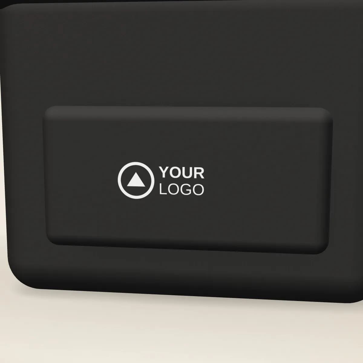Close-up of the logo branding on the Neoprene Insulated Lunch Tote