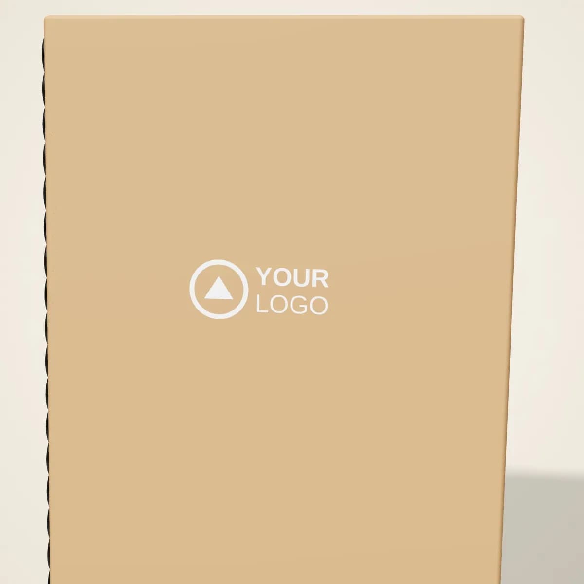 Close-up of the logo branding on the Recycled Kraft Spiral Notebook with Pen