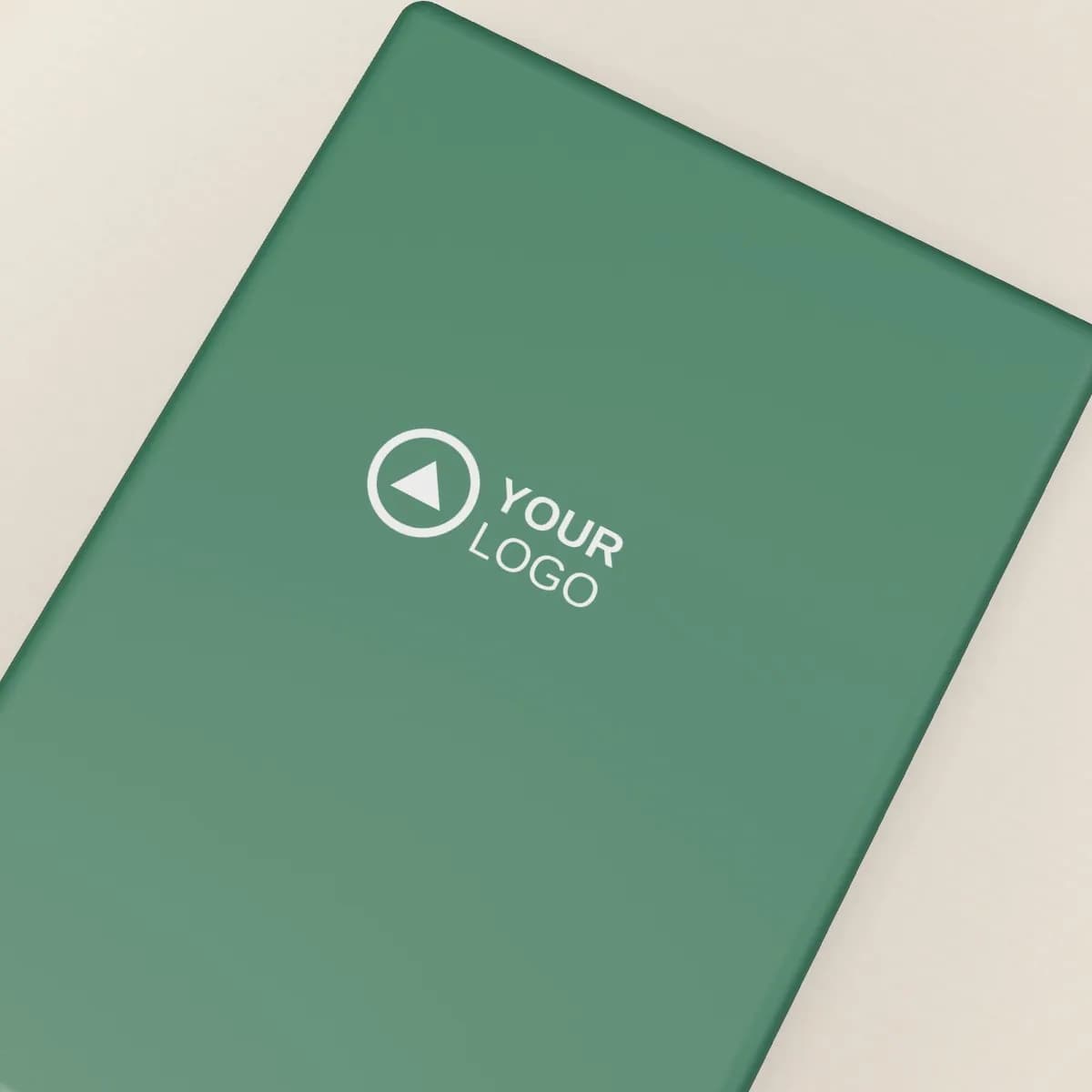 Close-up of the logo branding on the Slim Open-Top Leather Passport Sleeve