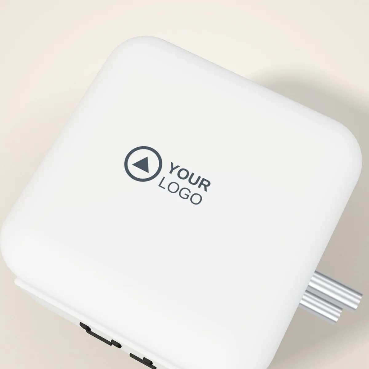 Close-up of the logo branding on the Universal Travel Adaptor with Dual USB