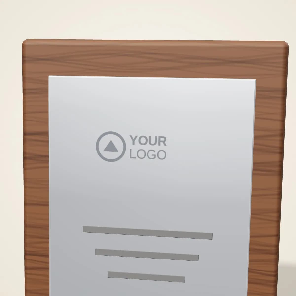 Close-up of the logo branding on the Walnut Desk Name Plate with Card Holder