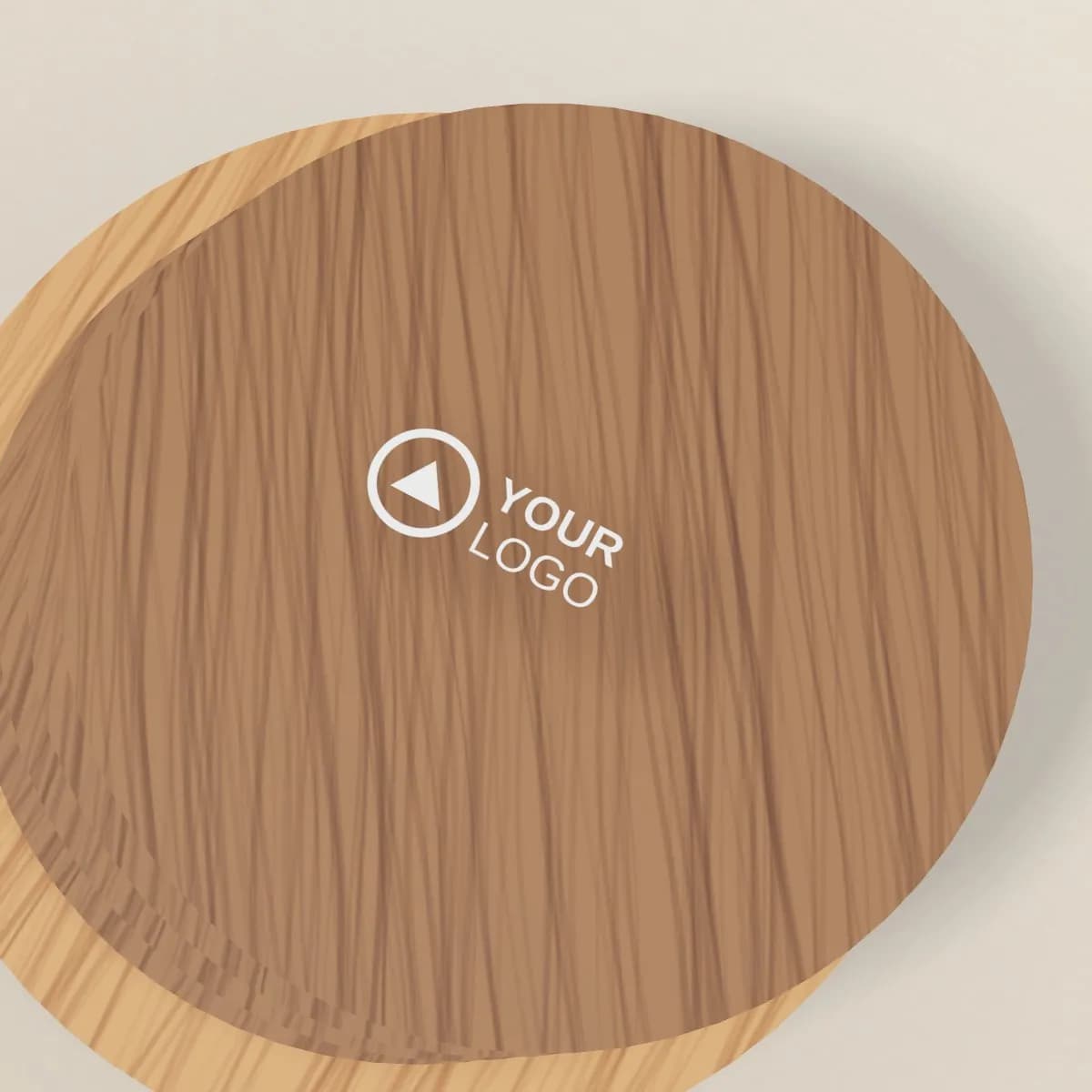 Close-up of the logo branding on the Walnut Wood Coaster Set of 4 with Holder