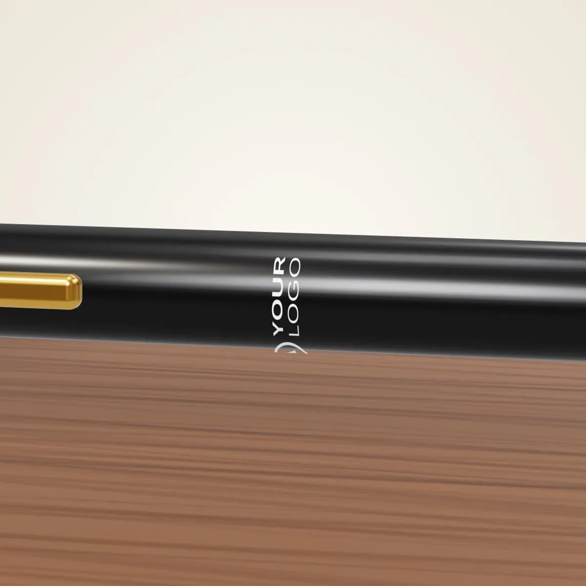 Close-up of the logo branding on the Walnut Wood Desk Set with Pen and Card Holder